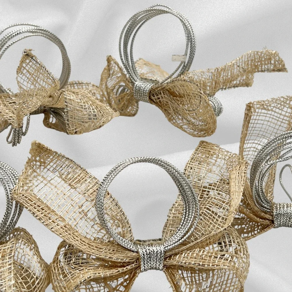 Rustic Burlap & Silver Wire Bow Napkin Rings  Set of 6‎ Farmhouse Shabby Chic